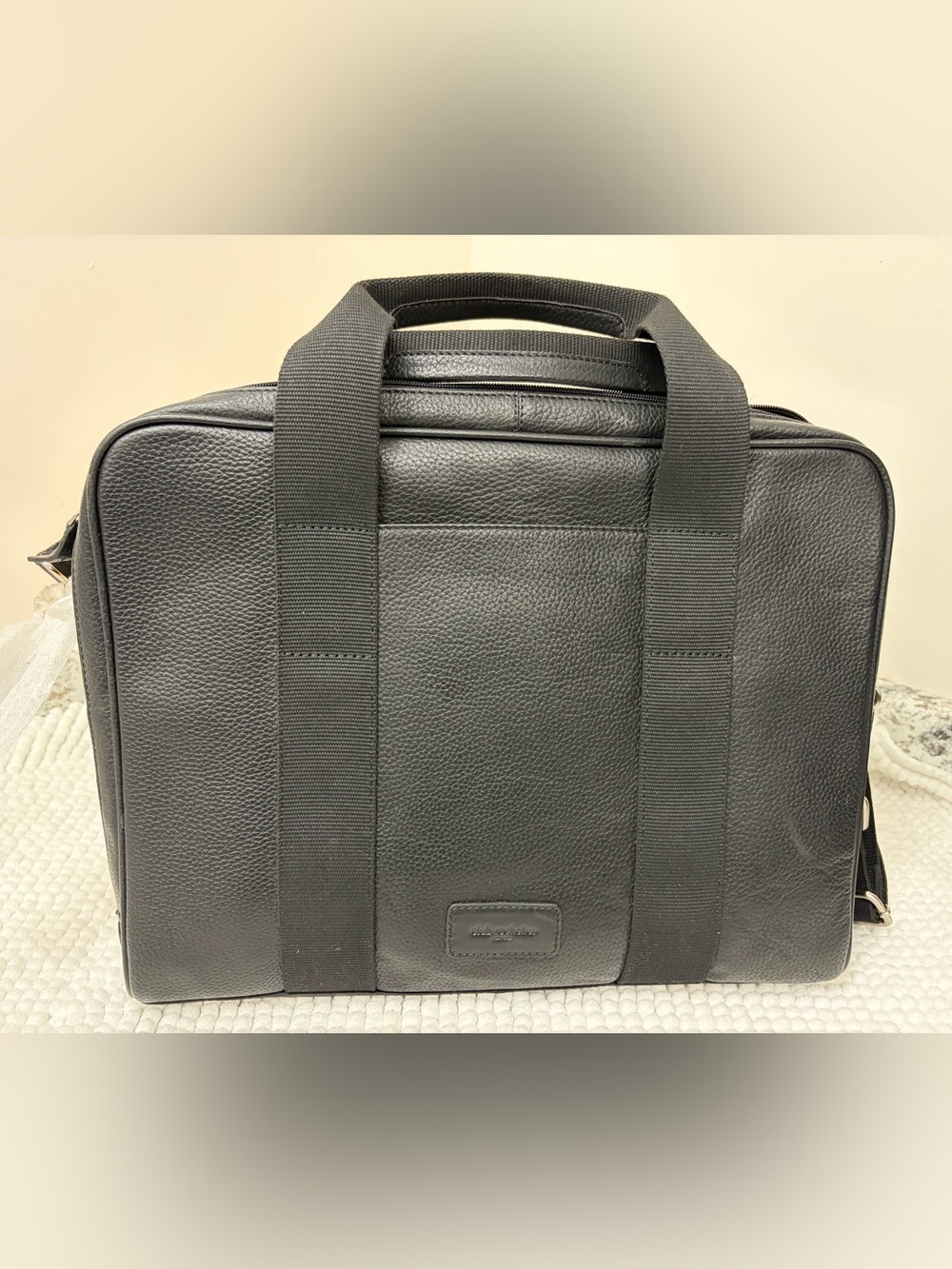 Black Men's Leather Laptop Brief with Webbed Carry Straps
